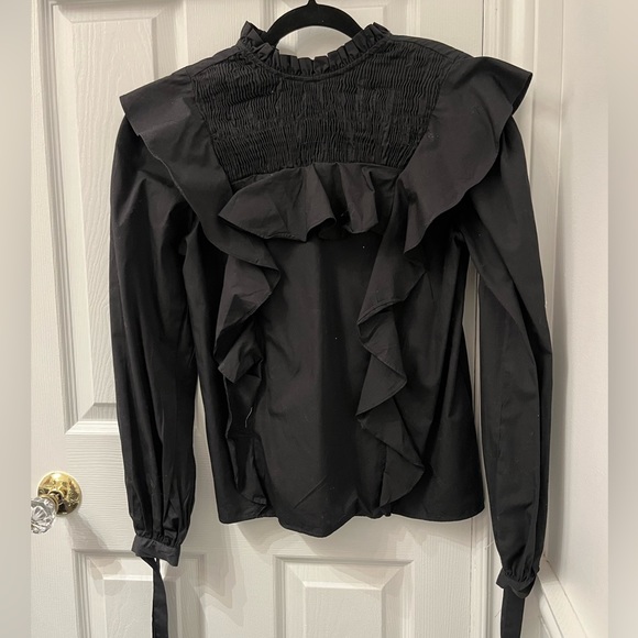 Zara Black Ruffle Smocked Long Sleeve Blouse Top - Picture 3 of 10